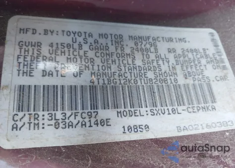 1996 Toyota Camry Dx/Le/Xle z USA, uszkodzony, nr VIN 4T1BG12K0TU820810